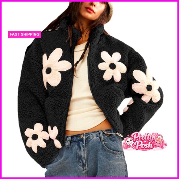 Jackets & Blazers - Floral Print Sherpa Fleece Jacket Zipper Cropped Coat Long Sleeve